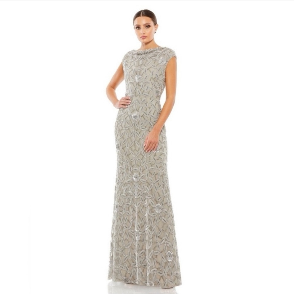 Mac Duggal | 93537 Cowl Neckline Embellished Sequin Floral Dress Light G…